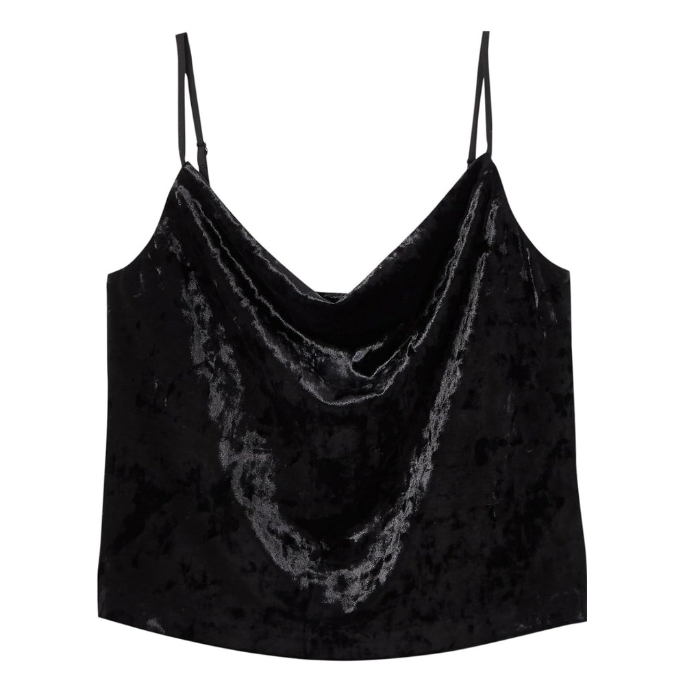 NWT Club Monaco Crushed Velvet Cowl Neck Camisole Top Black Size XS